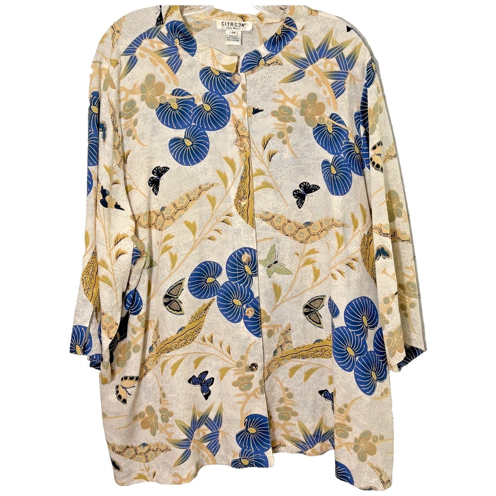 Citron Santa Monica Silk Button Blouse Top Size 3X Artsy Resort Boho Butterfly